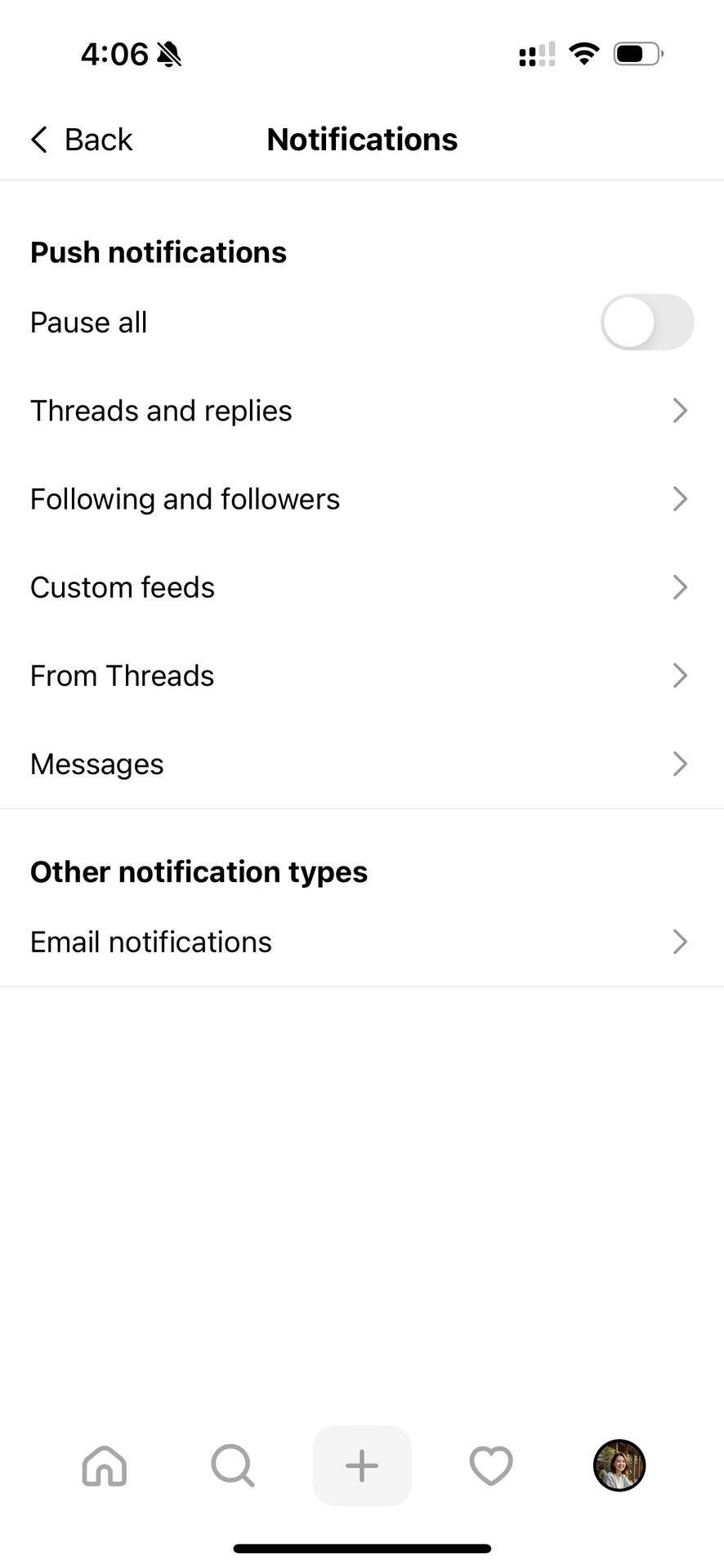 ThreadsのNotifications画面